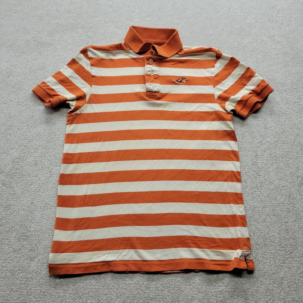 Hollister California Men’s Large Orange White Striped Polo Shirt 100% Cotton